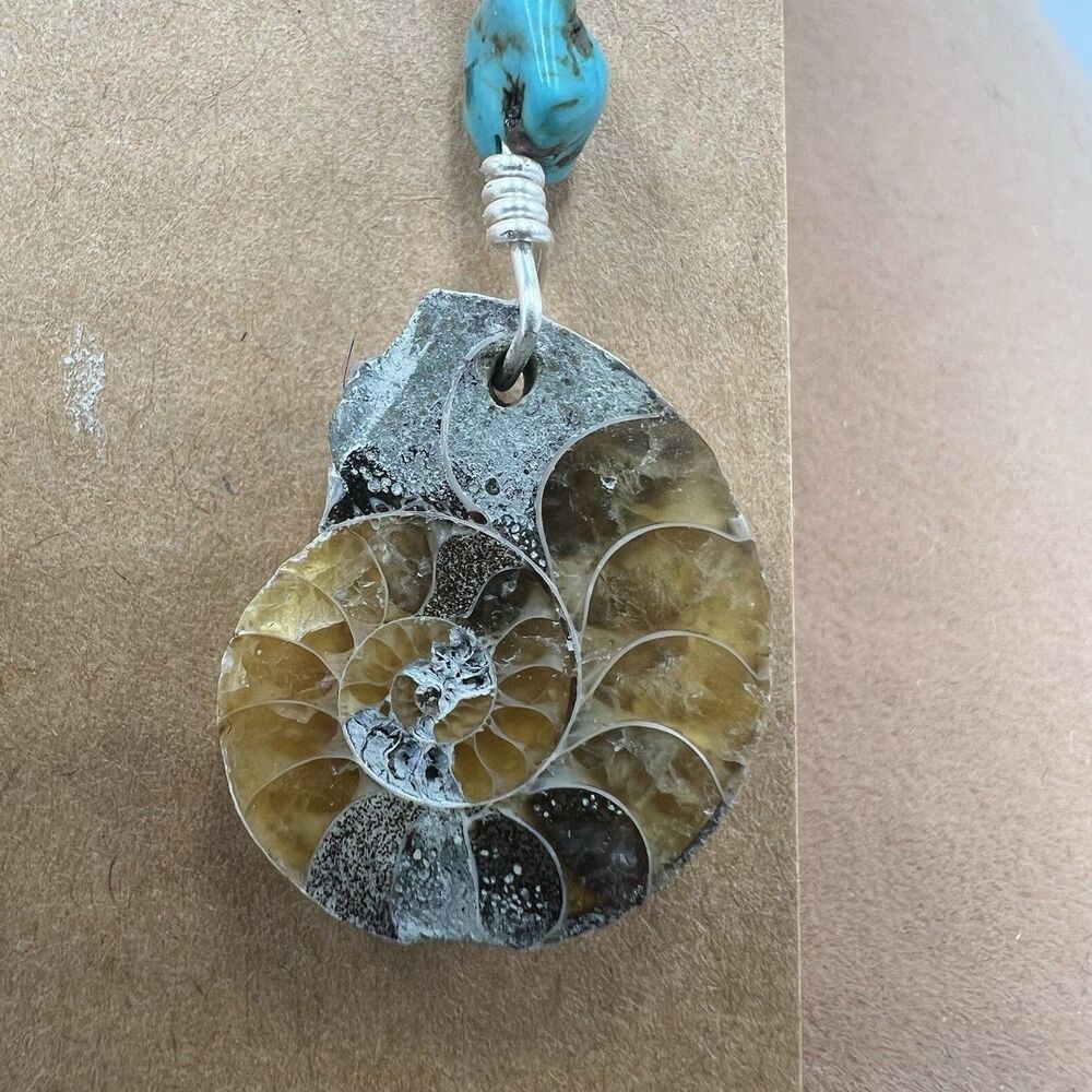 Natural Ammonite Fossil Gesmtone Silver Earrings  Handmade Turquoise & Sterling - Picture 3 of 7